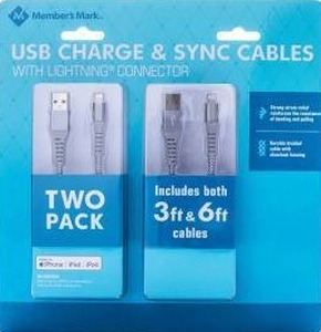 lot 25842 image: Members Mark Apple Lightning Cable, 2-Pack (3ft & 6ft)