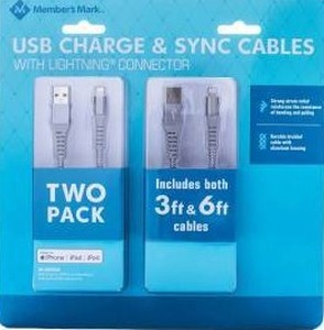 lot 25868 image: Members Mark Apple Lightning Cable, 2-Pack (3ft & 6ft)