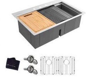 lot 25978 image: Glacier Bay 33 Inch Stainless Steel Double Bowl Kitchen Workstation Sink And Accessories