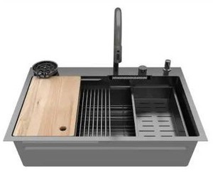 lot 25983 image: 33.2 in. W Drop-In Single Bowl Matte Black Stainless Steel Kitchen Sink Workstation Set With Waterfall, Pull-Down Faucet