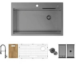 lot 25993 image: Glacier Bay All-In-One Dual Mount 33 In. Single Bowl Stainless Steel Workstation Waterfall Kitchen Sink with Accessories & Faucet