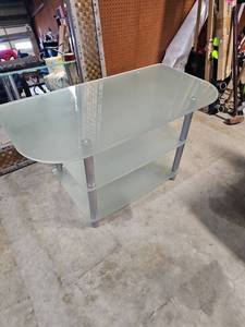 lot 18896 image: modern three-tier glass and metal console table or TV stand