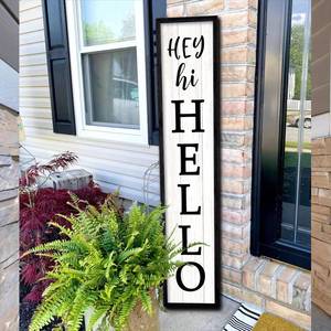lot 18920 image: Surfapans Hey Hi Hello Welcome Sign For Front Porch Standing 45X9 Large Outdoor Tall Wood Frame Vertical Wall Decor Rustic Farmhouse Outside Home Modern Front Door Board Decoration (Black)
