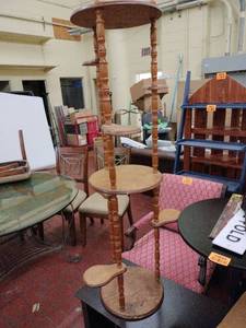 lot 59040 image: vintage multi-tiered wooden plant stand  - Retail $0