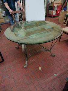 lot 59041 image: Glass and Slate Top Dining Table with Wrought Iron Base and four Upholstered Chairs - Retail $150