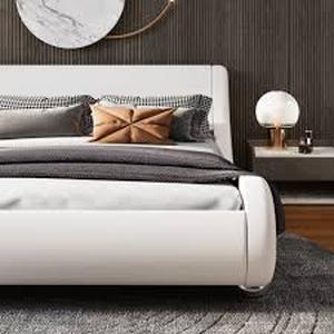 Charlesten Vegan Leather Platform LED Lights Bed with Wooden Slats and Adjustable Headboard, RGB Lighting & Music Sync, No Box Spring Needed - Retail: $0