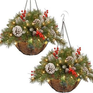 lot 20489 image: Pre-Lit Artificial Christmas Hanging Basket with LED String Lights, Frosted Pine Cones, Red Berry Clusters for Porch or Front Door (2pcs)