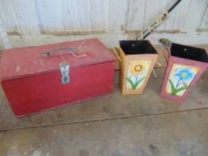 lot 3660 image: Red Wooden Box and Pair of Metal Vases