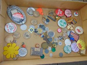 lot 3668 image: Selection of Pins - Wooden Tokens - Tax Tokens and more