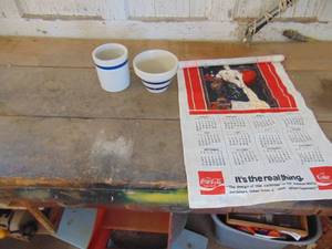 lot 3682 image: 2 Small Crock Pieces and Cloth Coca-Cola Calendar