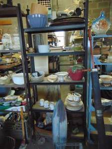 lot 3765 image: Metal Shelf and Contents - Blue Bowl