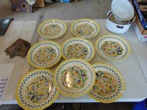 lot 3852 image: 8 Titian Ware Plates - Hand painted - 1 Chipped