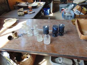 lot 3855 image: 3 Blue Stemmed Glasses - Clear Glass and Brass Incense Burner