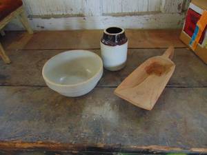 lot 3899 image: Crock Bowl - Jar and Wooden Scoop