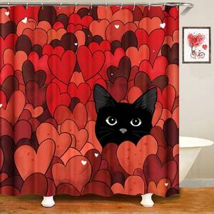 lot 10065 image: AIXMJZQ Valentines Shower Curtain Red Heart Black cat Waterproof Bathroom Decorations 72x72 Inches with 12 Hooks