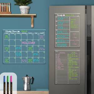 lot 10081 image: Clear Non-Magnetic Calendar Set for Fridge - Dry Erase Transparent Monthly, Weekly Calendar and List Board - Sticks to Wall, Glass, Door, Any Smooth Surfaces