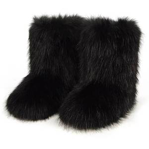 lot 1075 image: QMFUR Womens Furry Faux Fur Boots Fuzzy Fluffy Mid Calf Snow Boots Suede Warm Fur Lined Booties Flat Fashion Boots (Black 1, 8)