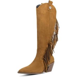 lot 1079 image: LOHEK Cowboy Boots for Women Fringe Knee High Cowgirl Boots Chunky Heel Pointed Toe Suede Riding Boots With Side Zipper for Fall Winter Brown Size 8