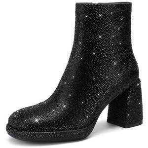 lot 1082 image: FINDVELL Black Rhinestone Boots For Women Chunky Block Heeled Sparkly Platform Ankle Booties Glitter Shoes Wedding Bride Size 8