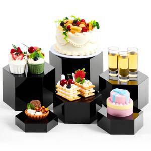lot 1091 image: Leinuosen 6 Pcs Large Buffet Risers, 5.5 to 8 Inch Catering Dessert Table Risers Food Decorative Stands with hollow bottom for Catering Supplies, Party(Black, Hexagonal)