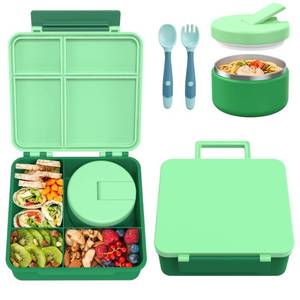 lot 2249 image: Bento Lunch Box with 8oz Soup Thermo, Kids Leakproof Lunch Food Containers with 4 Compartment, Kids Thermo Insulated Hot Food Jar for School, Trvael-Green