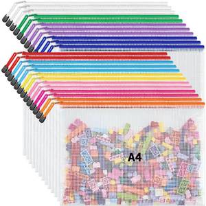 lot 2305 image: JARLINK A4 Letter Size 24 Pack 10 Colors Zipper Mesh Document Pouch, Mesh Bags for Board Games & Puzzles, Waterproof Document Zipper Pouches for Office School Supplies, Toys, Cosmetics Travel Storage