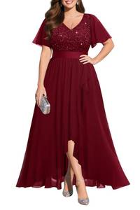 lot 2309 image: Burgundy Plus Size Dress Maroon Bridesmaid Holiday Formal Wedding Guest Evening Cocktail Mother New Year Prom Long Dress 18w