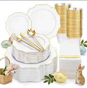 lot 3577 image: WDF 350PCS White and Gold Plastic Plates - Gold Plates Disposable 50Guest Plastic Dinnerware Ideal for PartyWeddingBirthdayRamadanEaster