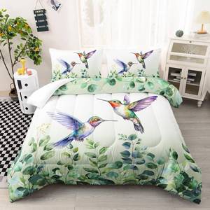lot 4350 image: AILONEN Hummingbird Comforter Set Queen Size, Boho Green Forest Leaf Hummingbird Bedding Set for Kids Bedroom,Cute Birds Animals Themed Duvet Set,1 Soft Quilt and 2 Pillowcases,3-Piece