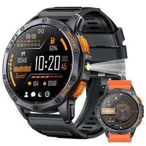 lot 4352 image: Military Smart Watches Built-in GPS, 170 Sport Modes for Men with Flashlight, Smartwatch for Android Phones and iPhone, 1.43 AMOLED Screen Bluetooth Call Compass Altimeter (Black & Orange (2 Bands))
