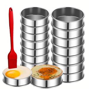 lot 4371 image: 16Packs English Muffin Rings Crumpet Rings 4 inch Stainless Steel Double Rolled Tart Rings 4 inch & 3.15 inch, Round Metal Cooking Pastry Ring Molds for cookies, pancakes,