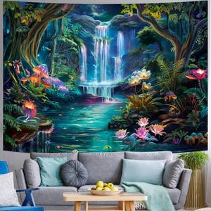 lot 4383 image: Generleo Forest Waterfall Tapestry Mushroom Flower Tapestries Colorful Floral Plants Tapestry Fantasy Landscape Backdrop Tapestries Wall Hanging for Bedroom Decor