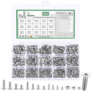 lot 4391 image: 580 Pcs M3 M4 M5 Screws and Nuts Set, Countersunk Bolts and Nuts Assortment, Phillips Flat Head Machine Screws with Washers Set(M3 M4 M5 Screw Kit, Black)