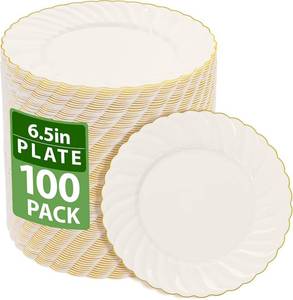 lot 5616 image: YOUBET 100 Pack Ivory Scalloped Plastic Plates - 6.5 Inch Gold Disposable Plates with Gold Rim - High End Elegant Vintage Dessert Salad Plate for Birthday Parties & Wedding