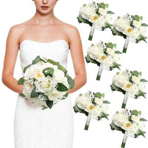 lot 5619 image: DIYDOFUN Set of 6 Bridesmaid Bouquets, 11 Inch Artificial Tossing Flower with Ribbons for Wedding Church Ceremony Bridal Shower Event Centerpieces Decorations - White