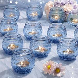 lot 5627 image: LAMORGIFT 12 Pcs Blue Votive Candle Holders for Bridal Shower Decorations- Floral Style Dusty Blue Candle Holder for Wedding Table Centerpieces, Baby Shower Decor