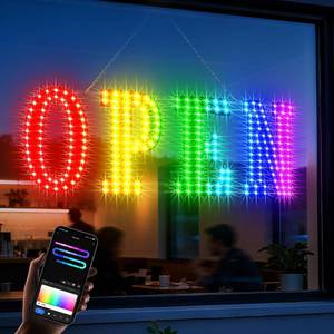 lot 5639 image: LemonNova LED Open Signs for Buiness, 30x10Large Open Light Up Signs with Remote Controls, Smart App, DIY Editor Colours Sign Flashing Light for Storefront Window Bar Salon Cafes Retail Shops