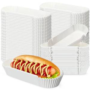 lot 5644 image: 1200 Pcs Hot Dog Trays 6 Inches Fluted Paper Hot Dog Liners Disposable White Paper Food Trays Rectangular Hot Dog Holder Boats Container for Sandwiches Hamburgers Corn Serving Stand Party Festival