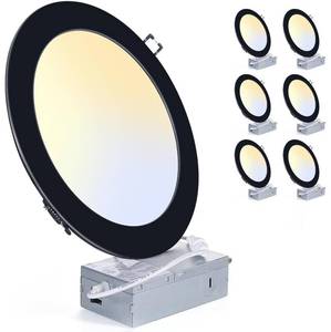 lot 5647 image: ZYC 8 Inch Recessed Lighting - 18W 1802LM Black Recessed Lighting,Dimmable 5CCT 2700K3000K3500K4000K5000K Selectable,IC Rated,Ultra-Thin Dimmable Canless Wafer Downlight Pack of 6 Black.