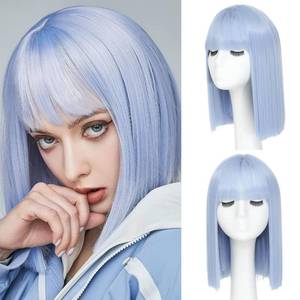 lot 6256 image: JSDshine Light Blue Bob Wig With Bangs - Heat Resistant 14Inch Synthetic Hair, Short Straight Shoulder Length Natural-Looking Cosplay Wig for Daily Use, Parties & Women Girls