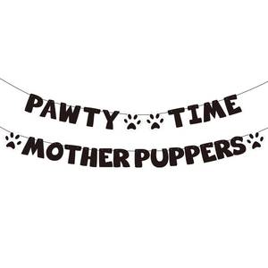 lot 6264 image: Pre-Strung Lets Pawty Dog Birthday Party Supplies - Pawty Time Mother Puppers - Funny Gold Glitter Puppy Dog Birthday Banner For Party Decorations Girl Boy - Cute Puppy Pets Paw Pennant Sign Deco (Black)