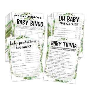 lot 6293 image: Huastatewolf Baby Shower Games Set, Baby Predictions, Oh Baby, Baby Trivia Game, 4 Baby Games for 25 Guests, Girl Boy Eucalyptus Baby Shower Decorations, 001