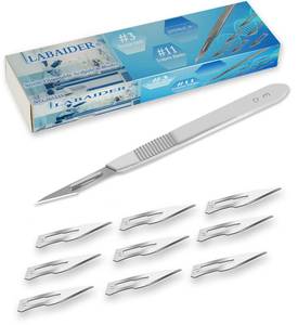 lot 6296 image: LabAider Surgical Grade Blades #11 10pcs Sterile with #3 Scalpel Knife Handle for Biology Lab Anatomy, Practicing Cutting, Medical Student, Sculpting, Repairing