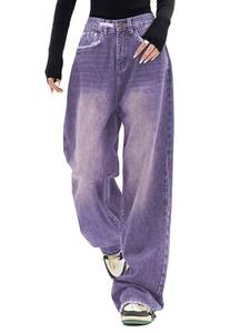 lot 6308 image: EMMIOL Jeans for Women Wide Leg Baggy Jeans Y2K Casual Loose Boyfriends Trousers Vintage Streetwear Purple, S