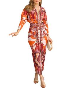 lot 6317 image: CHICME Womens Bodycon Long Sleeve Dress Casual Plunge V Neck Ruched Midi Dress Fall Bodycon Slit Office Work Dresses Orange-L
