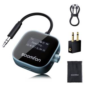 lot 6327 image: SOOMFON Airplane Bluetooth 5.3 Transmitter for 2 Airpods or Headphones 2-in-1 Airplane Bluetooth Adapter Receiver with LCD Display 3.5mm for Plane Flying Gym Car Home Stereo System
