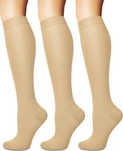 lot 6330 image: Sooverki Compression Socks for Women and Men Circulation (3 Pairs) is Best Support for Running Athletic Work Travel Cycling Gift for Her Nude Plain Wide Calf Nylon Fabric 2XL