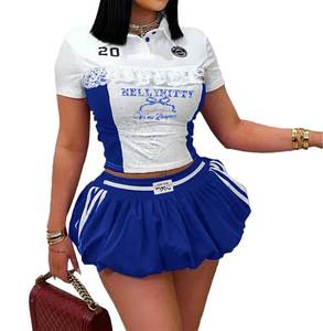 lot 6340 image: Tinodu Two Piece Outfits for Women Summer Y2K Going Out Lace Trim Ruched Crop Tops Pleated Bubble Mini Skort Skirt Sets Party Club Outfits Royal Blue size small