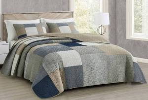 lot 6355 image: Chezmoi Collection Addy 3-Piece Navy Blue White Gray Taupe Plaid Patchwork Quilt Set - Pre-Washed Cotton Coverlet - Lightweight Reversible Bedspread, Queen Size