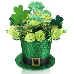 lot 6356 image: CroBlissful St. Patricks Day Decorations Centerpiece for Table Green Leprechaun Top Hat Flower Pot Set Artificial Shamrock Flowers Arrangement with Irish Hat Flower Vase for Home Dining Table Holiday